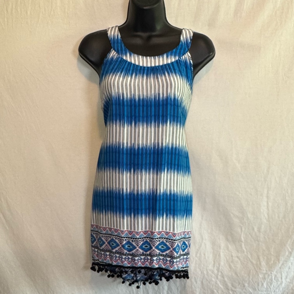 G-31 Cato PLUS SIZE 22/24W White Blue & Black Stripe Fringe Trim Blouse
